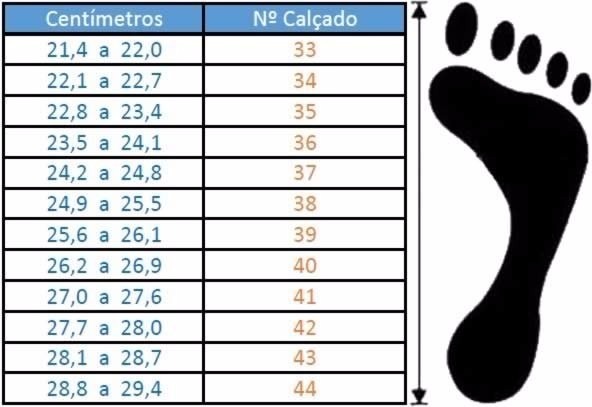 tabela de tamanho do pé