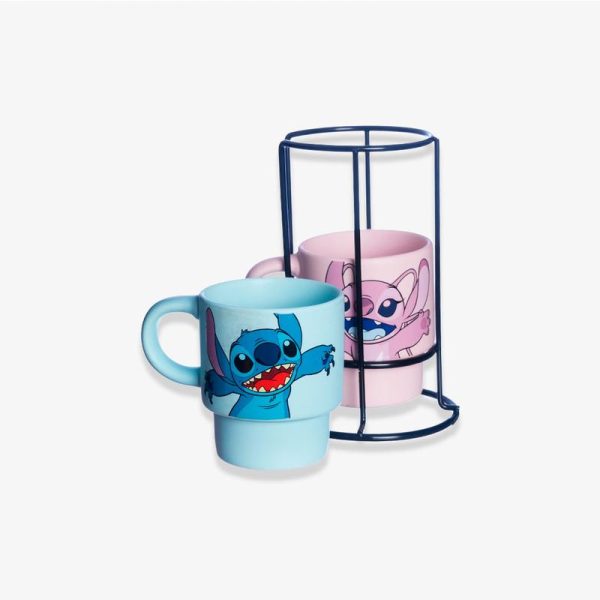 KIT COM 2 CANECAS STITCH E ANGEL COM SUPORTE EMPILHAVEIS DISNEY
