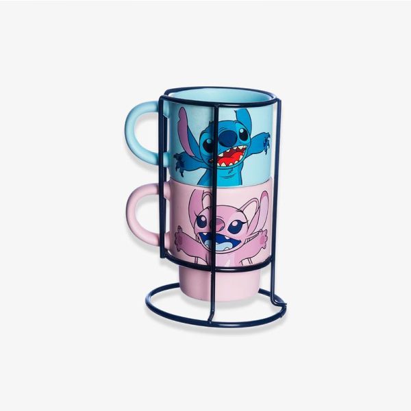 KIT COM 2 CANECAS STITCH E ANGEL COM SUPORTE EMPILHAVEIS DISNEY