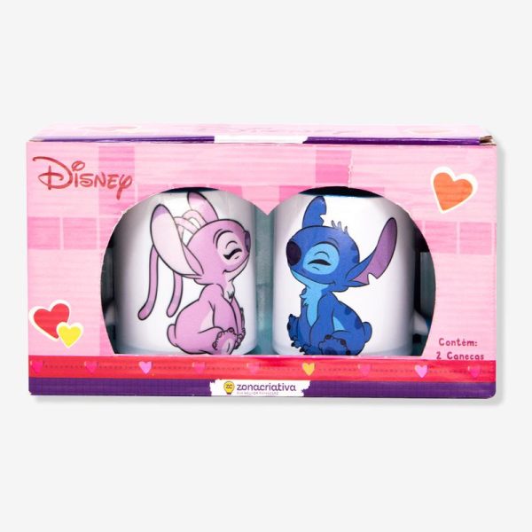 KIT COM 2 CANECAS MAIORES MINHA METADE ANGEL E STITCH DISNEY